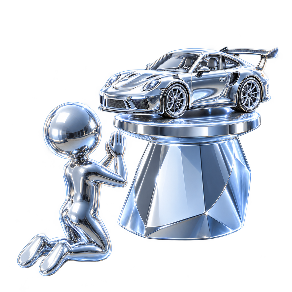 Chrome witness figure kneeling beside the plinth