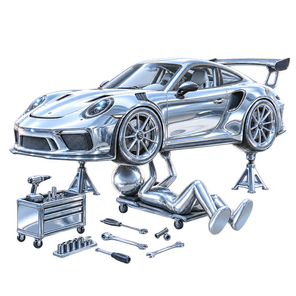 Chrome mechanic figure lying under the car on a rolling board, checking the underside